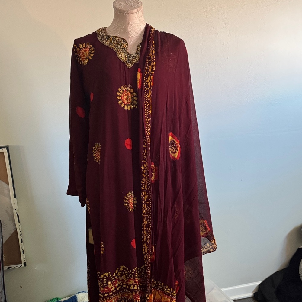 Maroon Embroidered Dress with Dupatta